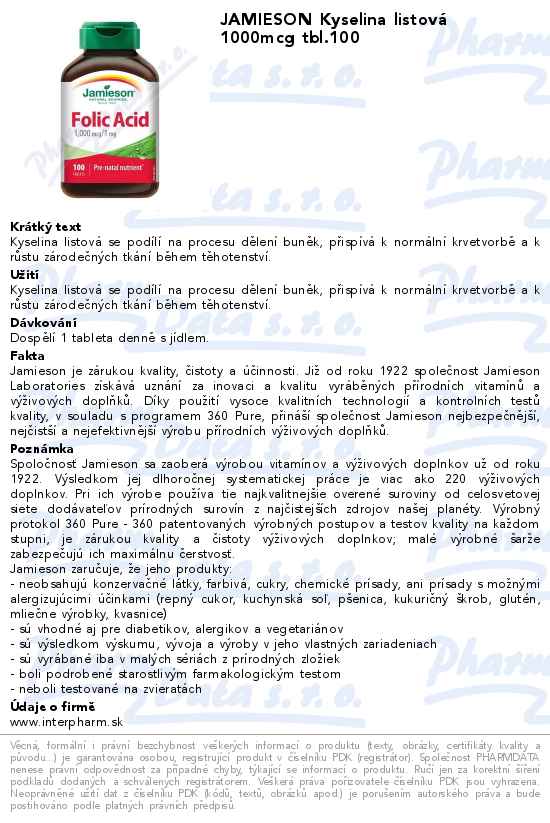 JAMIESON Kyselina listovĂˇ 1000mcg tbl.100