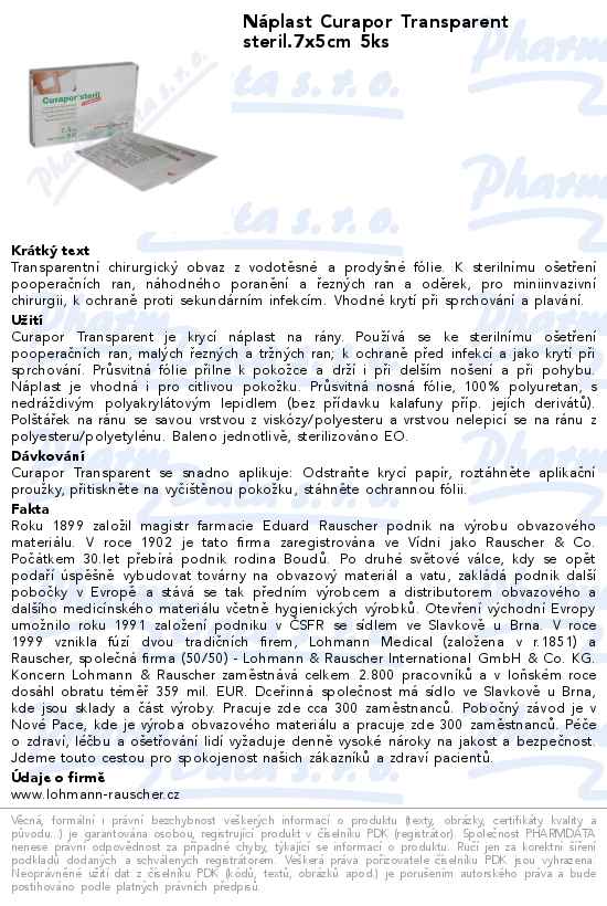 NĂˇplast Curapor Transparent steril.7x5cm 5ks