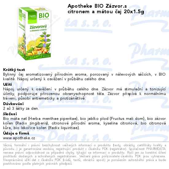 Apotheke BIO ZĂˇzvor s citronem a mĂˇtou ÄŤaj 20x1.5g