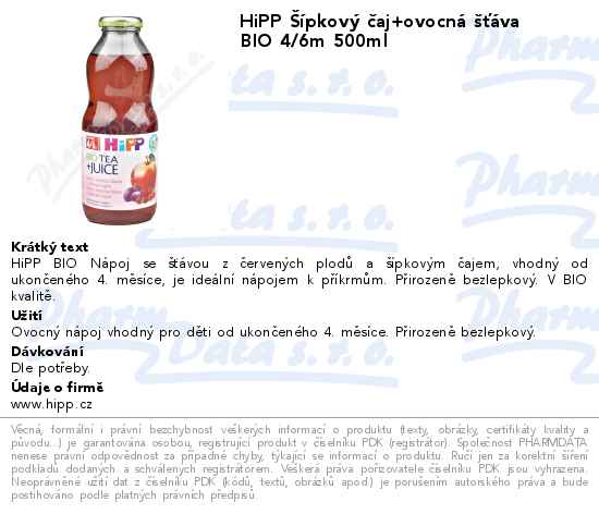 HiPP Ĺ Ă­pkovĂ˝ ÄŤaj+ovocnĂˇ ĹˇĹĄĂˇva BIO 4/6m 500ml