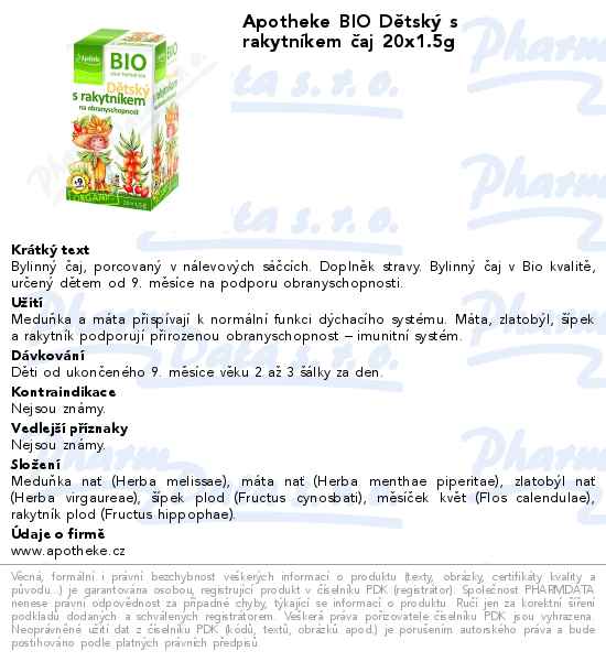 Apotheke BIO DÄ›tskĂ˝ ÄŤaj s rakyt. obranysch.20x1.5g