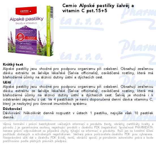 Cemio AlpskĂ© pastilky ĹˇalvÄ›j a vitamin C pst.15+5