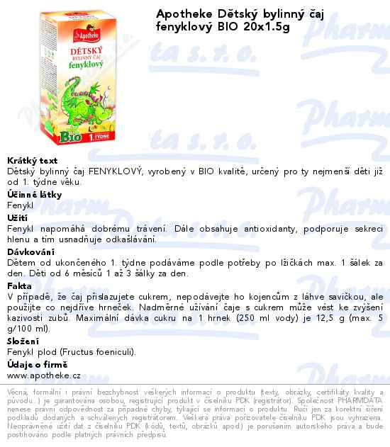Apotheke DÄ›tskĂ˝ bylinnĂ˝ ÄŤaj fenyklovĂ˝ BIO 20x1.5g