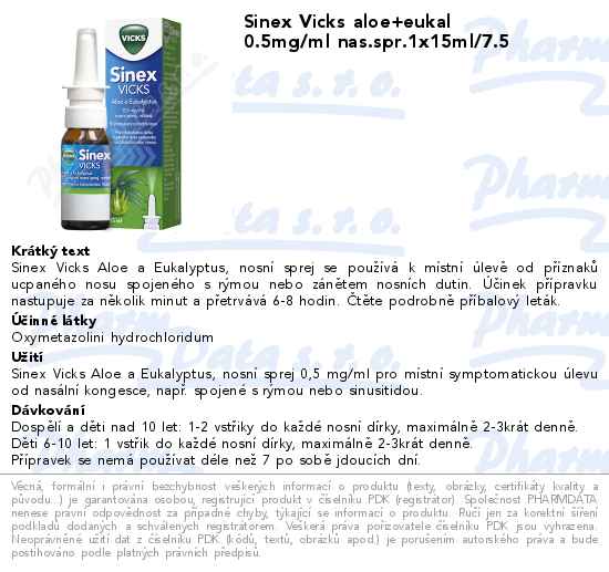 Sinex Vicks aloe+eukal 0.5mg/ml nas.spr.1x15ml/7.5