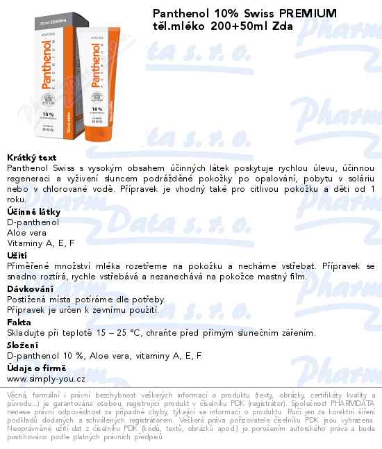 Panthenol 10% Swiss PREMIUM tÄ›l.mlĂ©ko 200+50ml Zda