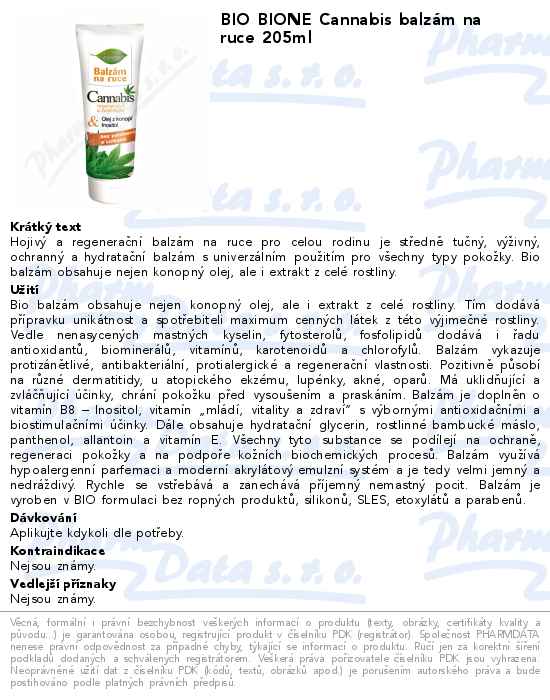 BIO BIONE Cannabis balzĂˇm na ruce 205ml