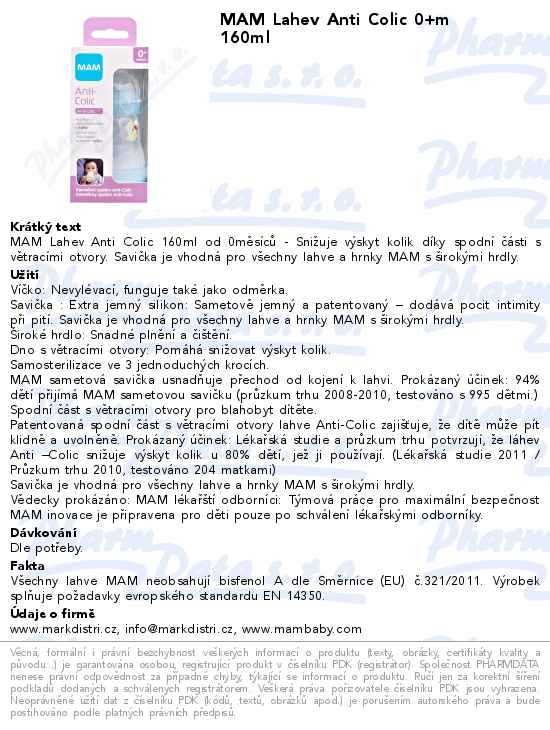 MAM Lahev Anti Colic 0+m 160ml