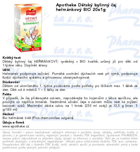 Apotheke DÄ›tskĂ˝ bylinnĂ˝ ÄŤaj heĹ™mĂˇnkovĂ˝ BIO 20x1g