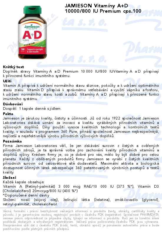 JAMIESON VitamĂ­ny A+D 10000/800 IU Premium cps.100