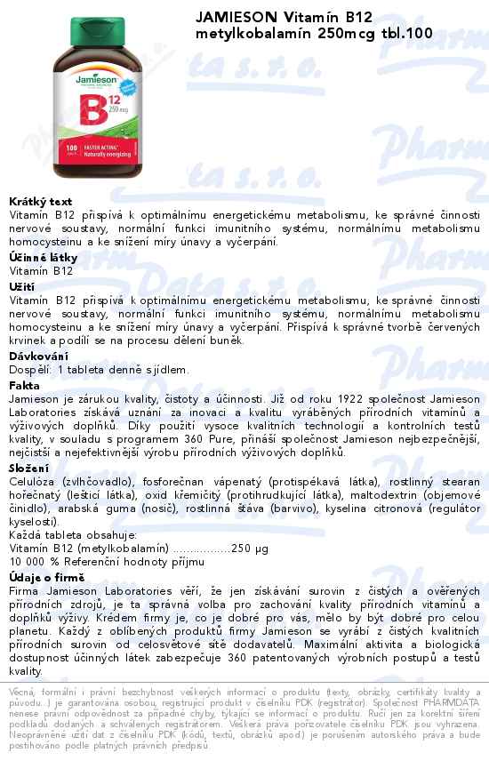 JAMIESON VitamĂ­n B12 metylkobalamĂ­n 250mcg tbl.100