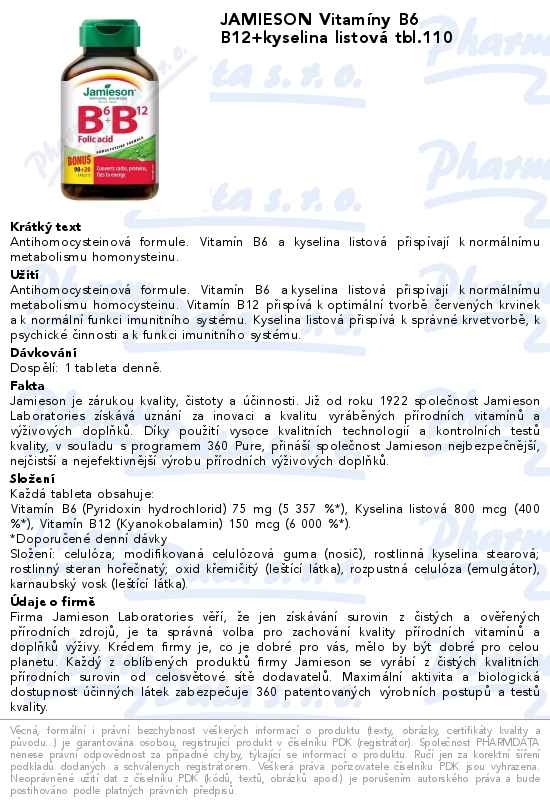 JAMIESON VitamĂ­ny B6 B12+kyselina listovĂˇ tbl.110
