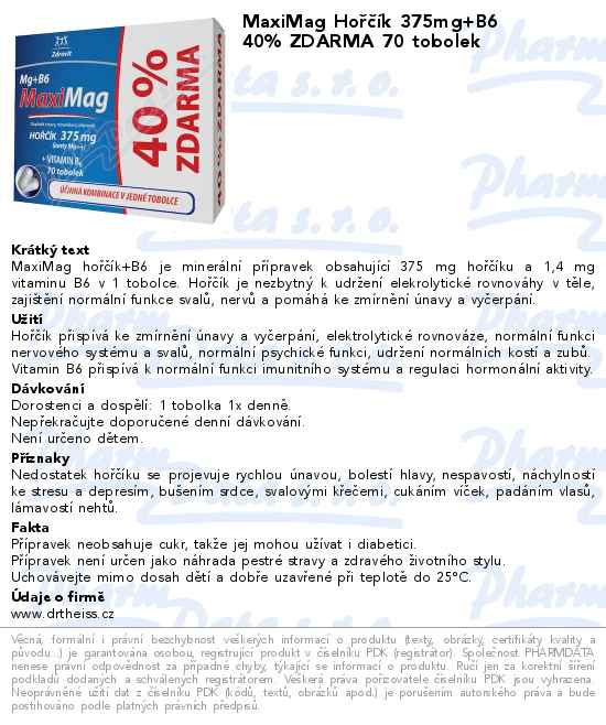 MaxiMag HoĹ™ÄŤĂ­k 375mg+B6 40% ZDARMA 70 tobolek