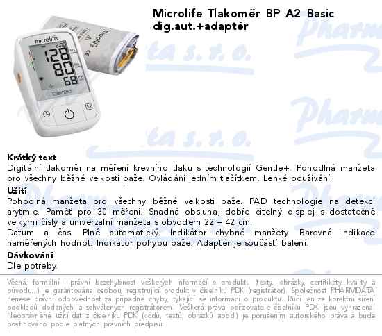 Microlife TlakomÄ›r BP A2 Basic dig.aut.+adaptĂ©r