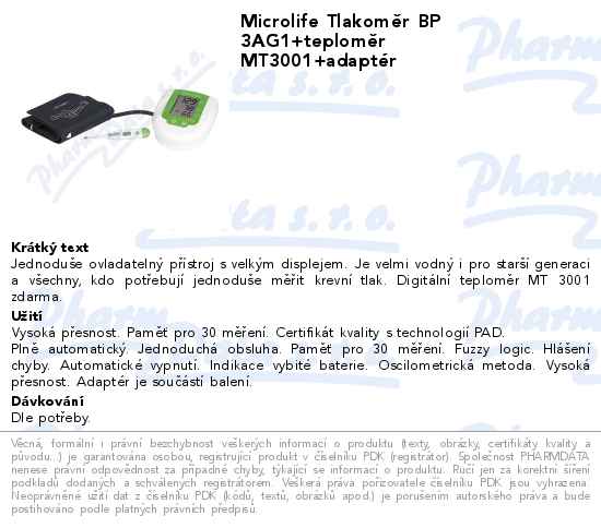 Microlife TlakomÄ›r BP 3AG1+teplomÄ›r MT3001+adaptĂ©r