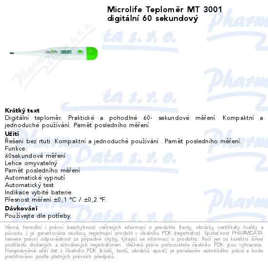 Microlife TeplomÄ›r MT 3001 digitĂˇlnĂ­ 60 sekundovĂ˝