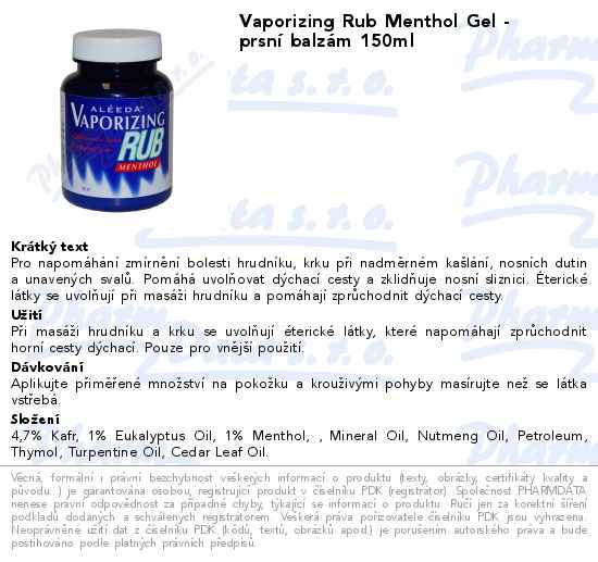 Vaporizing Rub Menthol Gel - prsnĂ­ balzĂˇm 150ml