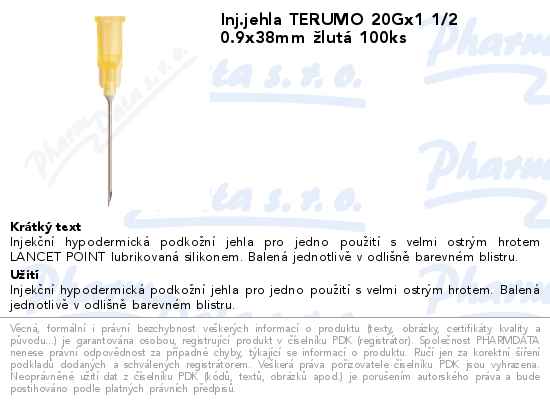 Inj.jehla TERUMO 20Gx1 1/2 0.9x38mm ĹľlutĂˇ 100ks