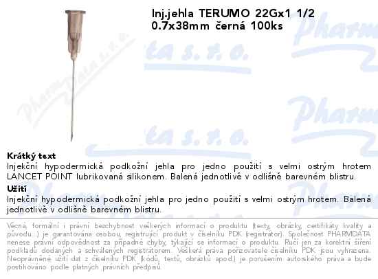 Inj.jehla TERUMO 22Gx1 1/2 0.7x38mm ÄŤernĂˇ 100ks