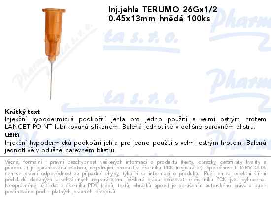Inj.jehla TERUMO 26Gx1/2 0.45x13mm hnÄ›dĂˇ 100ks