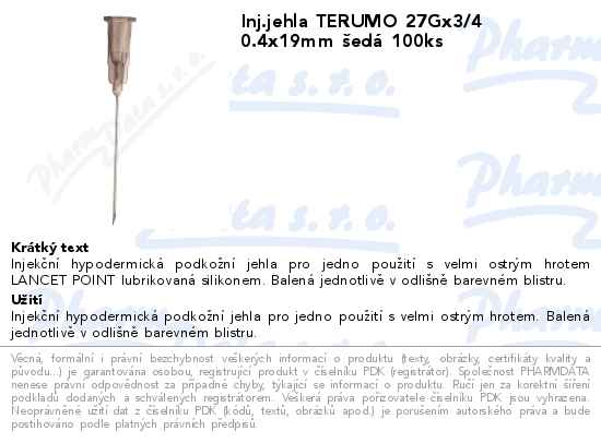 Inj.jehla TERUMO 27Gx3/4 0.4x19mm ĹˇedĂˇ 100ks