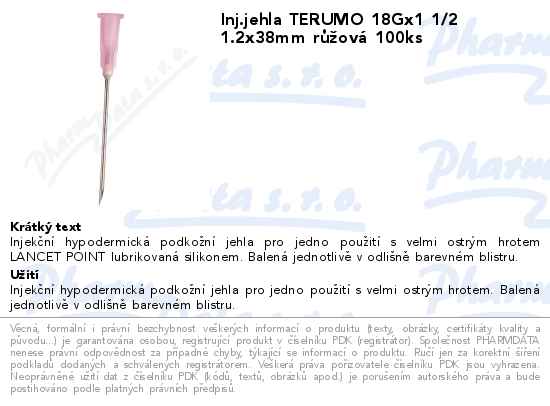 Inj.jehla TERUMO 18Gx1 1/2 1.2x38mm rĹŻĹľovĂˇ 100ks