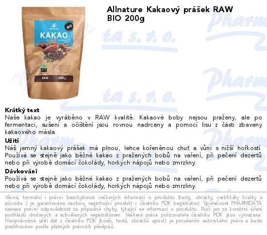 Allnature KakaovĂ˝ prĂˇĹˇek RAW BIO 200g