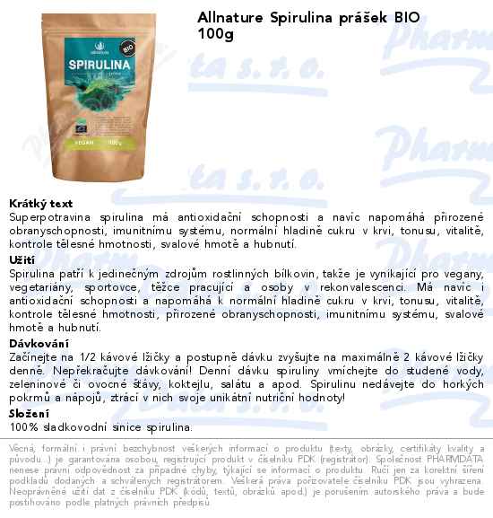 Allnature Spirulina prĂˇĹˇek BIO 100g