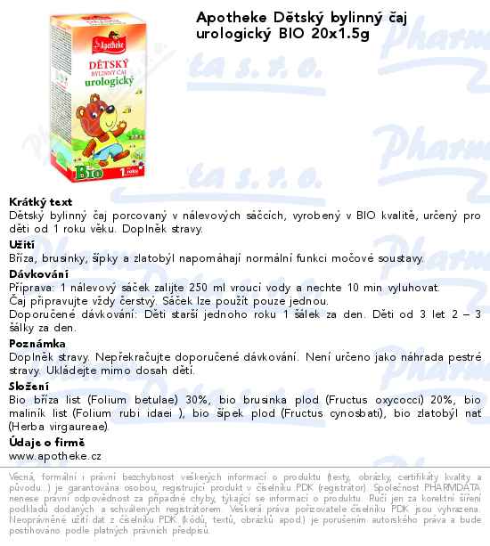 Apotheke DÄ›tskĂ˝ bylinnĂ˝ ÄŤaj urologickĂ˝ BIO 20x1.5g