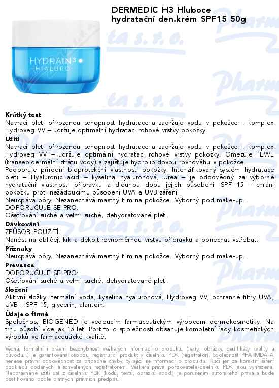 DERMEDIC H3 Hluboce hydrataÄŤnĂ­ den.krĂ©m SPF15 50g