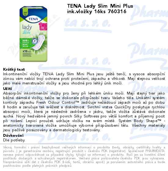 TENA Lady Slim Mini Plus ink.vloĹľky 16ks 760316