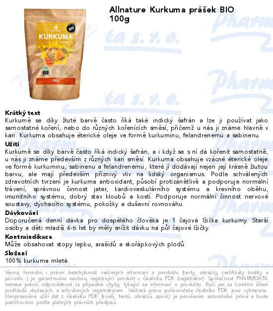 Allnature Kurkuma prĂˇĹˇek BIO 100g