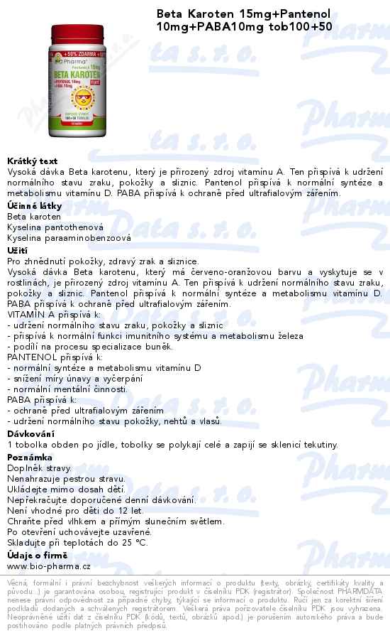 Beta Karoten 15mg+Pantenol 10mg+PABA10mg tob100+50