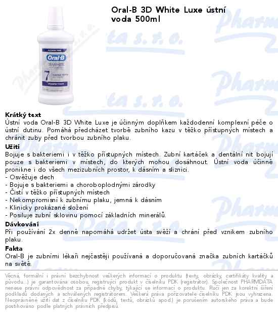 Oral-B 3D White Luxe ĂşstnĂ­ voda 500ml