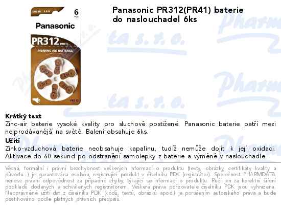 Panasonic PR312(PR41) baterie do naslouchadel 6ks