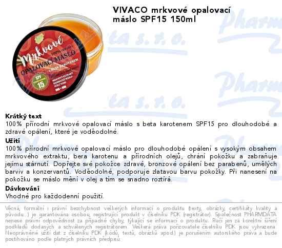 VIVACO mrkvovĂ© opalovacĂ­ mĂˇslo SPF15 150ml