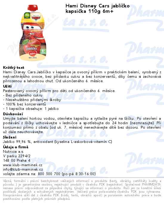 Hami Disney Cars jablĂ­ÄŤko kapsiÄŤka 110g 6m+