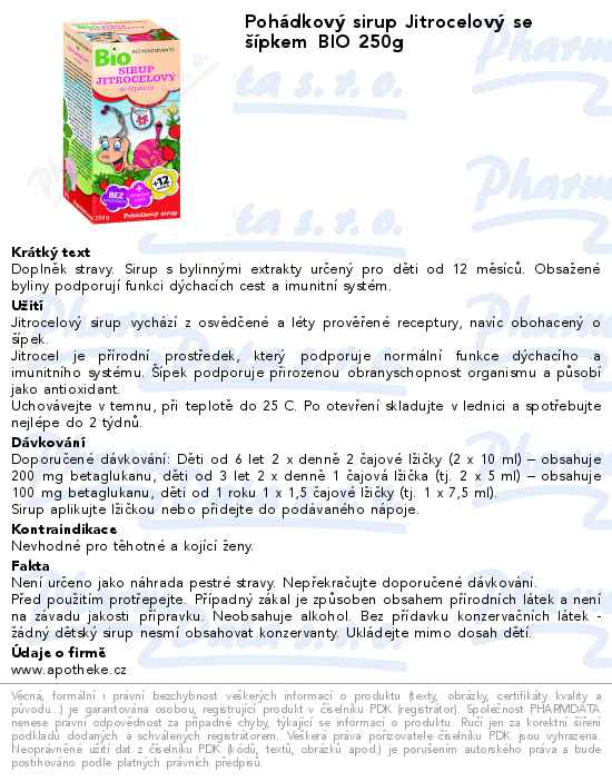 PohĂˇdkovĂ˝ sirup JitrocelovĂ˝ se ĹˇĂ­pkem BIO 250g