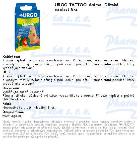 URGO TATTOO Animal DÄ›tskĂˇ nĂˇplast 8ks