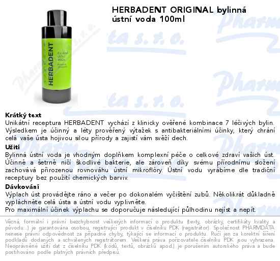 HERBADENT ORIGINAL bylinnĂˇ ĂşstnĂ­ voda 100ml