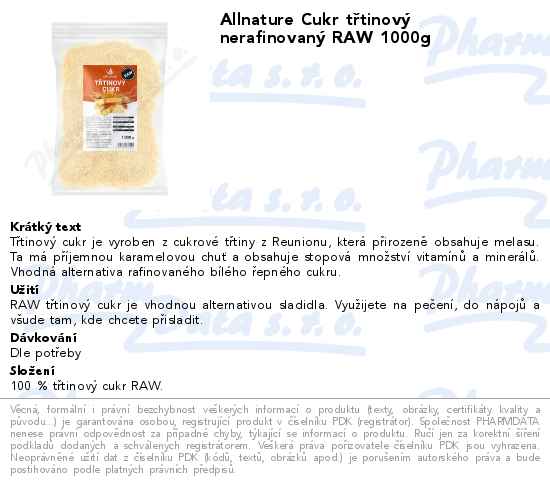 Allnature Cukr tĹ™tinovĂ˝ nerafinovanĂ˝ RAW 1000g