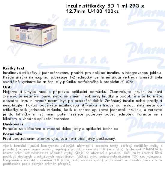 Inzulin.stĹ™Ă­kaÄŤky BD 1 ml 29G x 12.7mm U-100 100ks