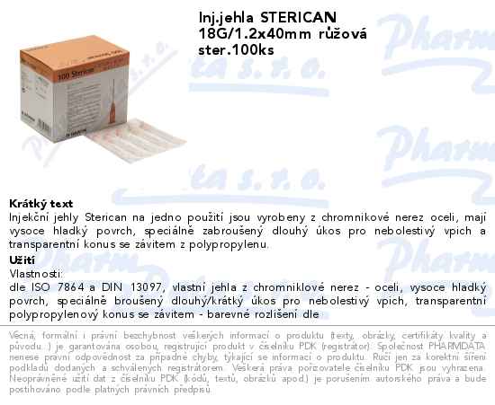 Inj.jehla STERICAN 18G/1.2x40mm rĹŻĹľovĂˇ ster.100ks