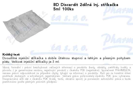 BD Discardit 2dĂ­lnĂˇ Inj. stĹ™Ă­kaÄŤka 5ml 100ks