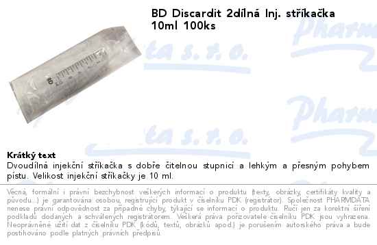 BD Discardit 2dĂ­lnĂˇ Inj. stĹ™Ă­kaÄŤka 10ml 100ks