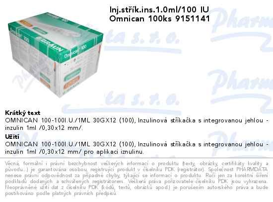 Inj.stĹ™Ă­k.ins.1.0ml/100 IU Omnican 100ks 9151141