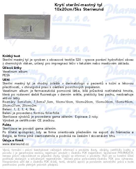 KrytĂ­ sterilnĂ­-mastnĂ˝ tyl 10x20cm/5ks Steriwund