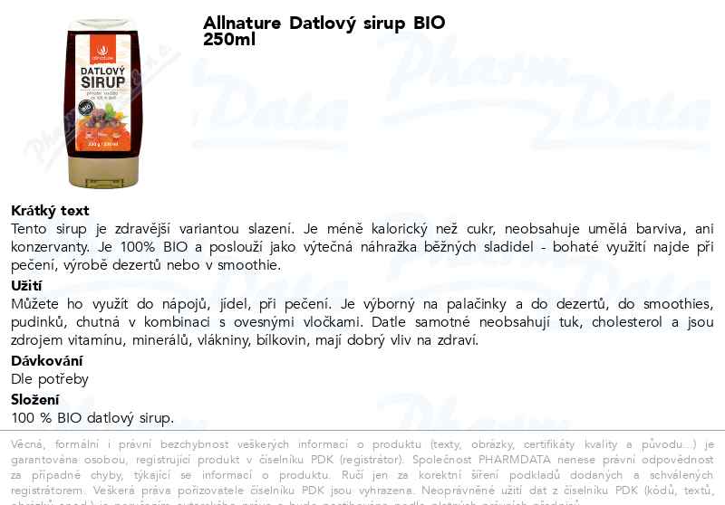 Allnature DatlovĂ˝ sirup BIO 250ml