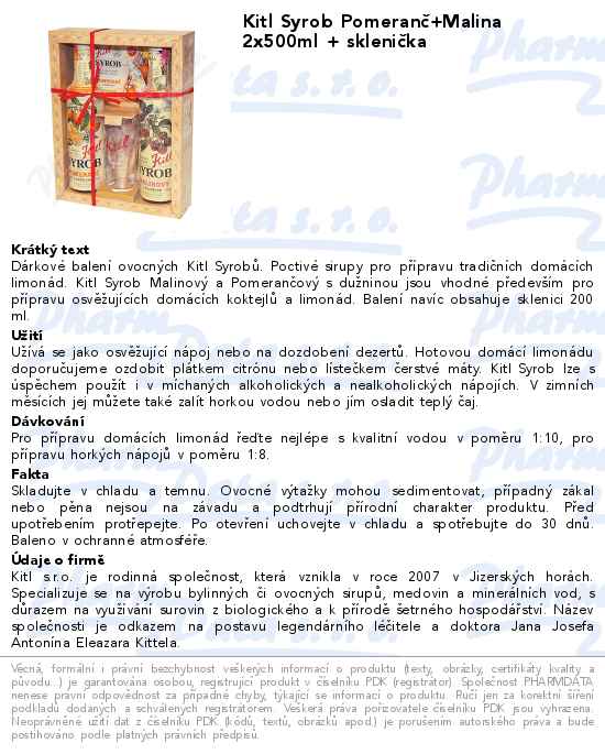 Kitl Syrob PomeranÄŤ+Malina 2x500ml + skleniÄŤka