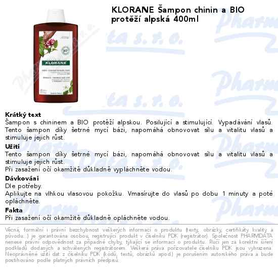 KLORANE Ĺ ampon chinin a BIO protÄ›ĹľĂ­ alpskĂˇ 400ml