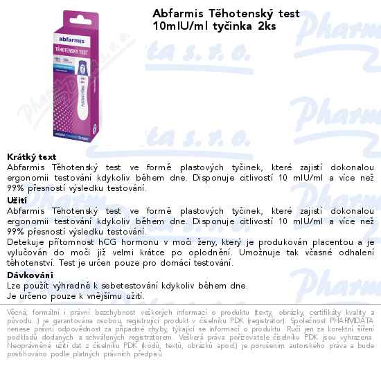 Abfarmis TÄ›hotenskĂ˝ test 10mIU/ml tyÄŤinka 2ks